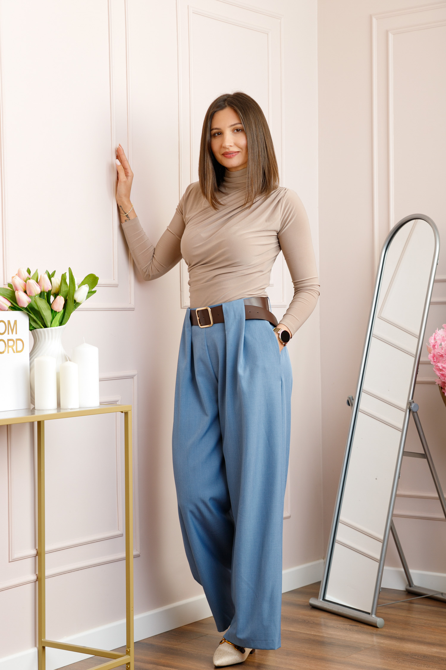 Pantaloni dama Judith bleu cu croi larg si talie inalta cu curea [3]