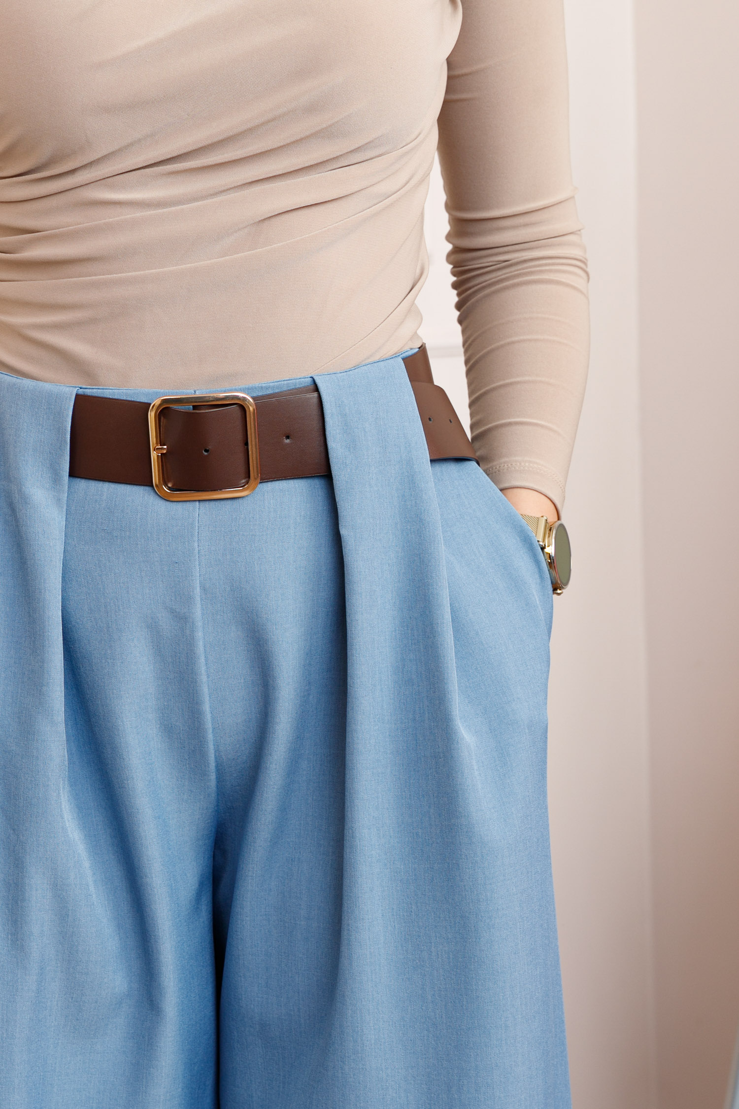 Pantaloni dama Judith bleu cu croi larg si talie inalta cu curea [1]