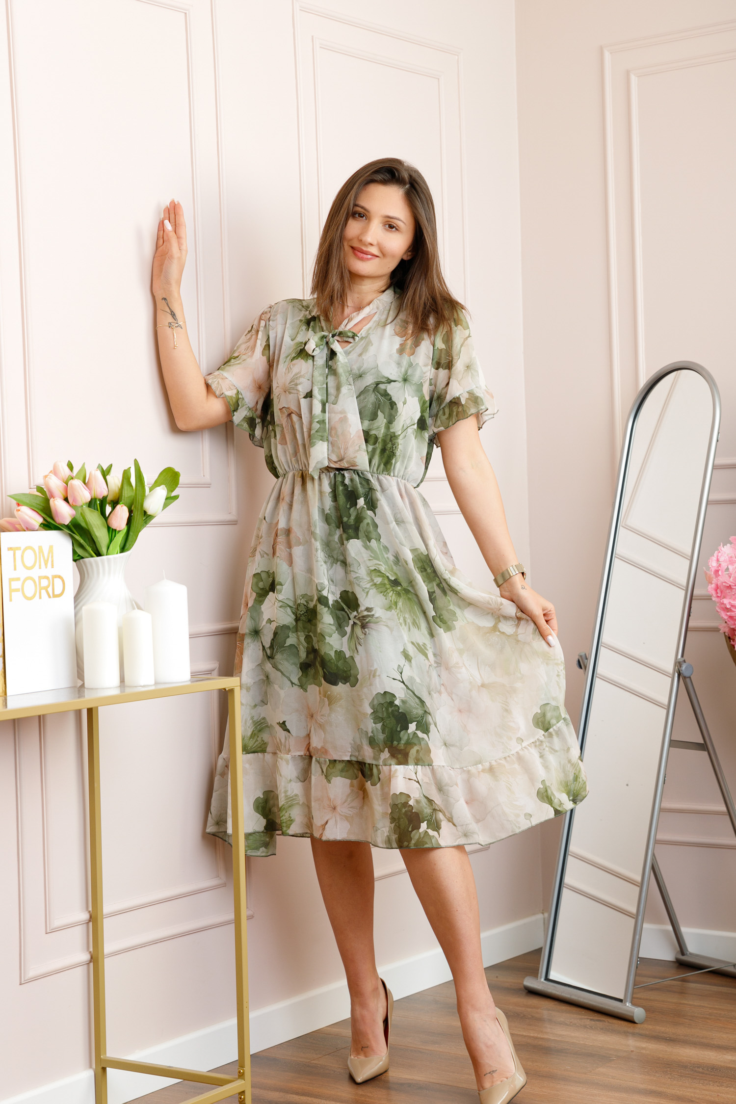 Rochii - Rochie midi kaki Annalise cu imprimeu floral si funda la decolteu