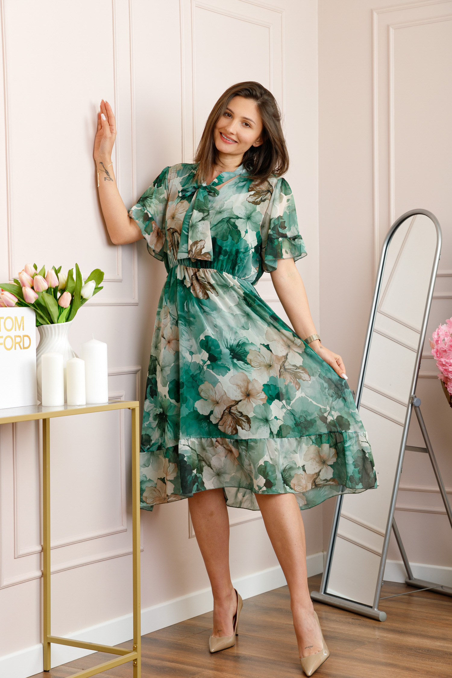 Rochii - Rochie midi verde Annalise cu imprimeu floral si funda la decolteu