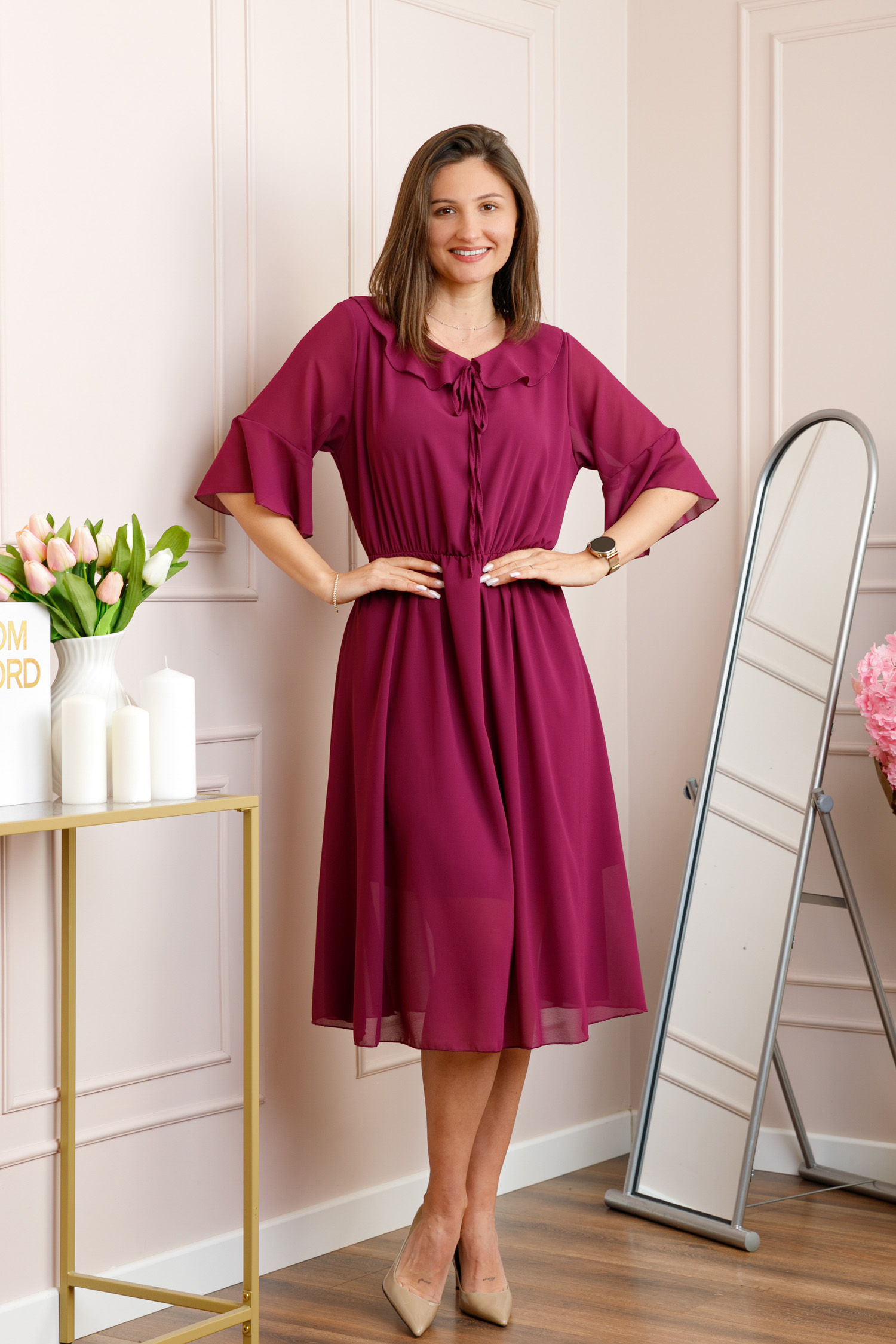 Rochii - Rochie magenta vaporoasa cu elastic in talie si volanas la decolteu Allegra