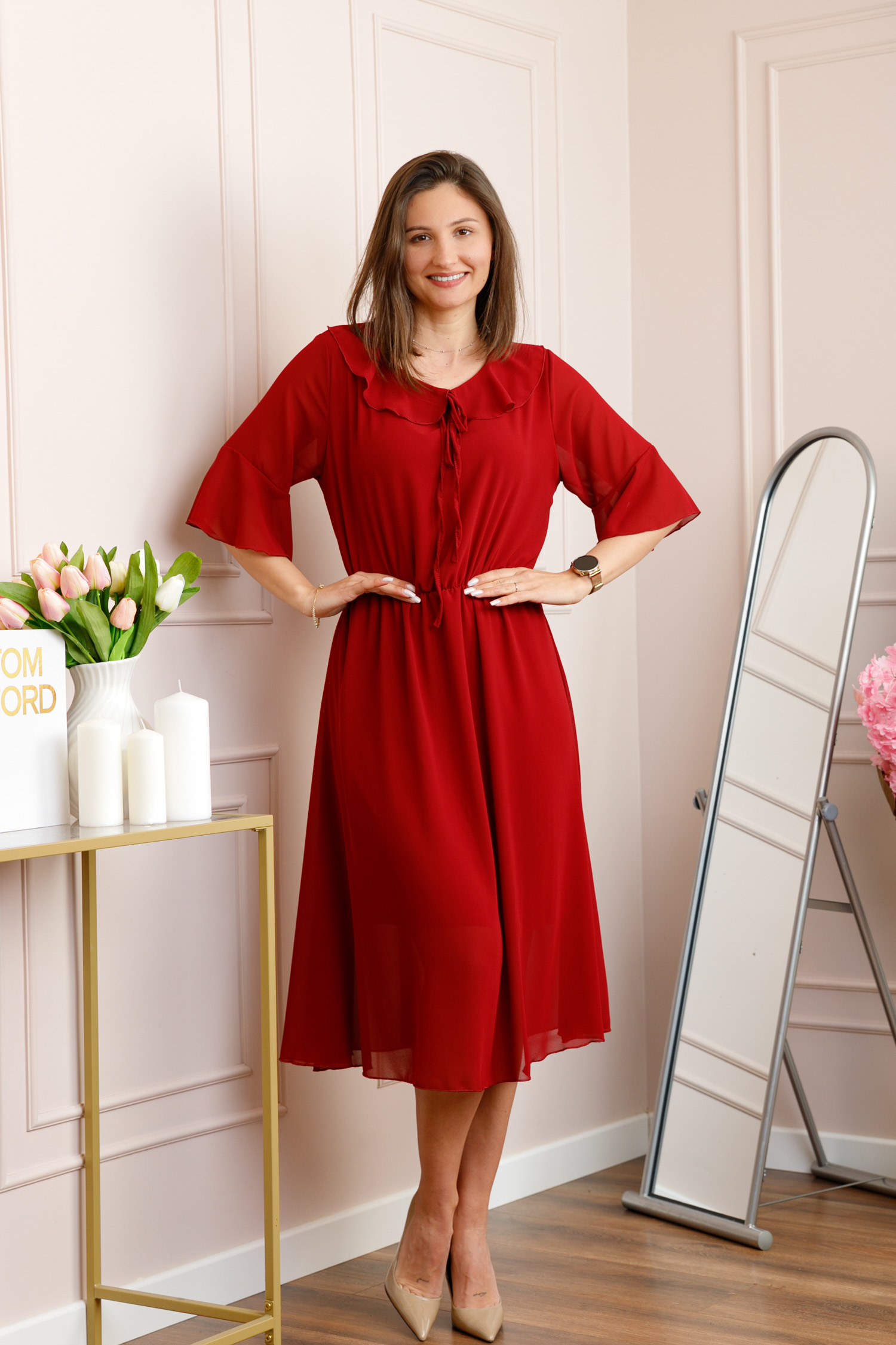 Rochii - Rochie grena vaporoasa cu elastic in talie si volanas la decolteu Allegra